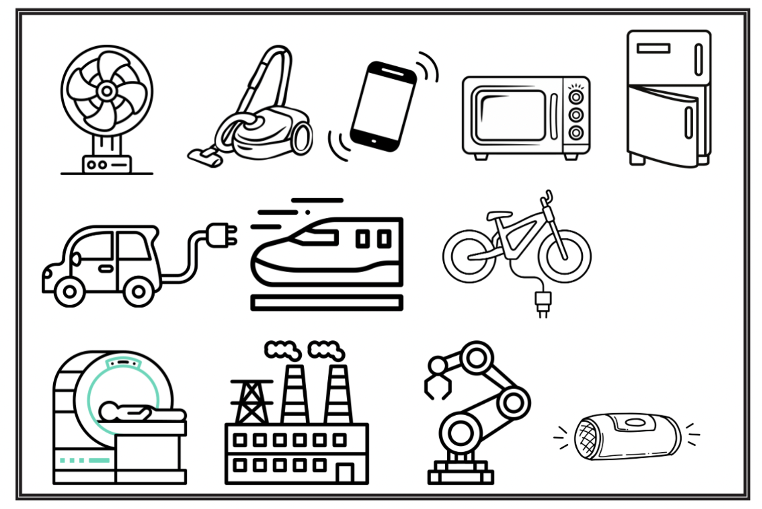 電磁石を使った電化製品や乗り物、医療機器、ロボット