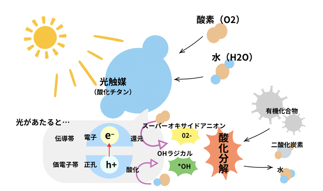 光触媒のしくみ　酸化分解を図解したもの
