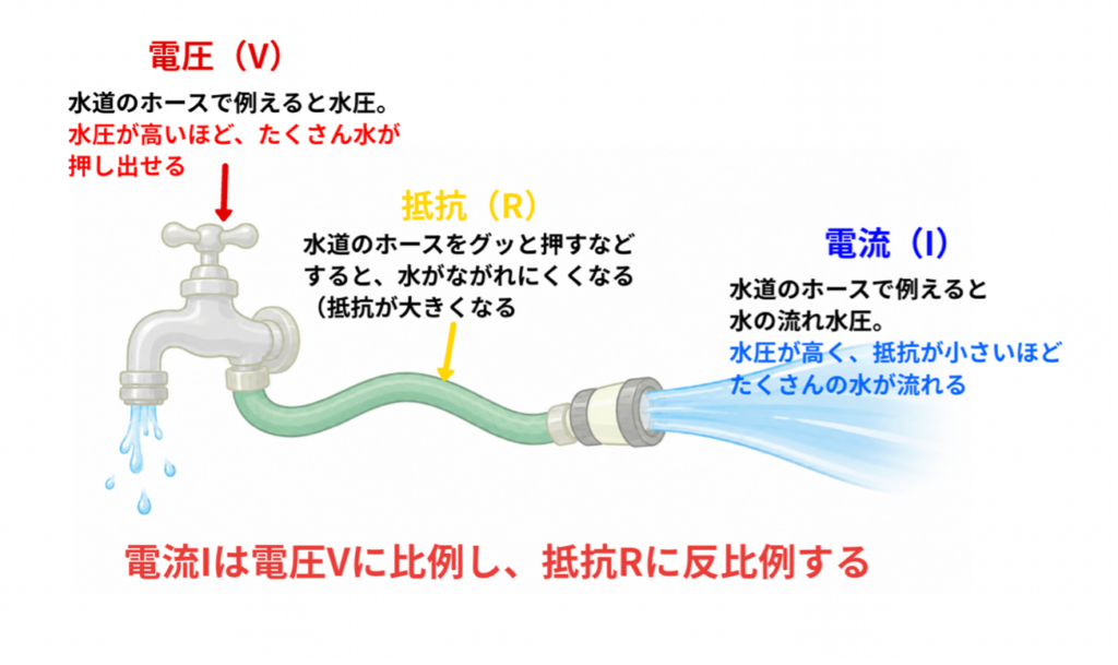 オームの法則をホースの水圧に例え、電流・電圧・抵抗を表した図