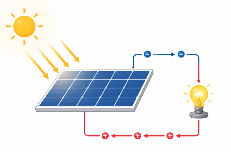 太陽電池が太陽の光で電気をつくる様子