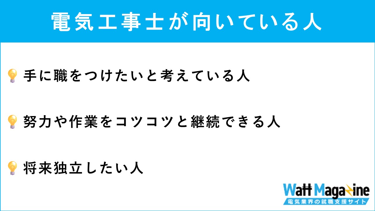 電気工事士が向いている人
・手に職をつけたいと考えている人
・努力や作業をコツコツと継続できる人
・将来独立した人